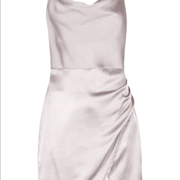 Cowl Neck Wrap Front Luxe Satin Mini Silver Dress - Picture 2 of 6